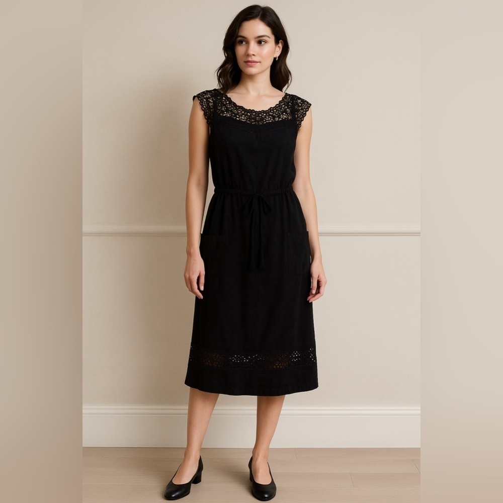 Gucci 70’s Vintage Suede Leather Black Dress Size 42 Open Knit Crochet Rope Belt